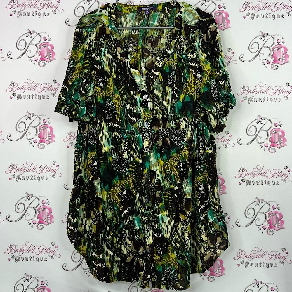 Roaman's button down shirt mini dress Green and Brown Patterned Blouse
